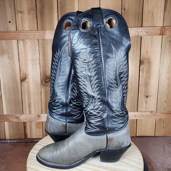 Vintage Nocona Buckaroo Tall Boots Mens 9.5 D Black Gray Leather Western Cowboy
